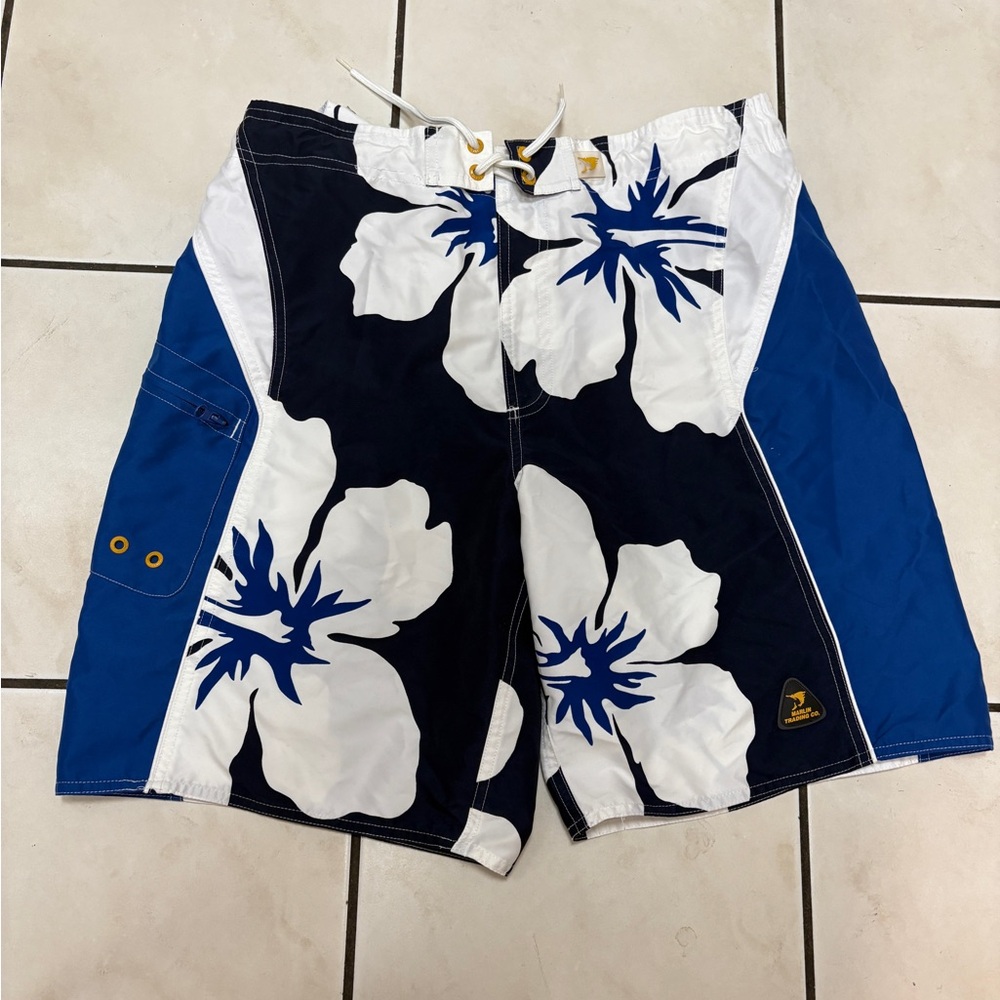MARLIN Floral men’s Swim Trunks Shorts - Blue and White size Large